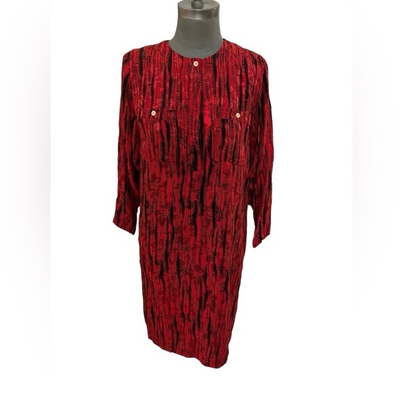 Vintage Silk Studio Petites Red and Black Silk Dress 10 Petite - Picture 1 of 9